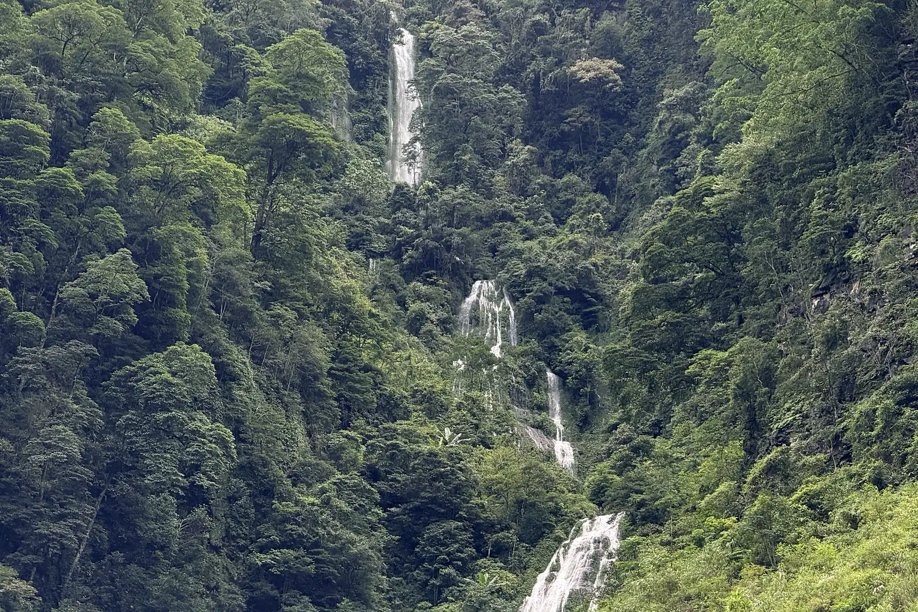 Multi-tiered waterfall flowing through a green Ha Giang forest in the rainy season