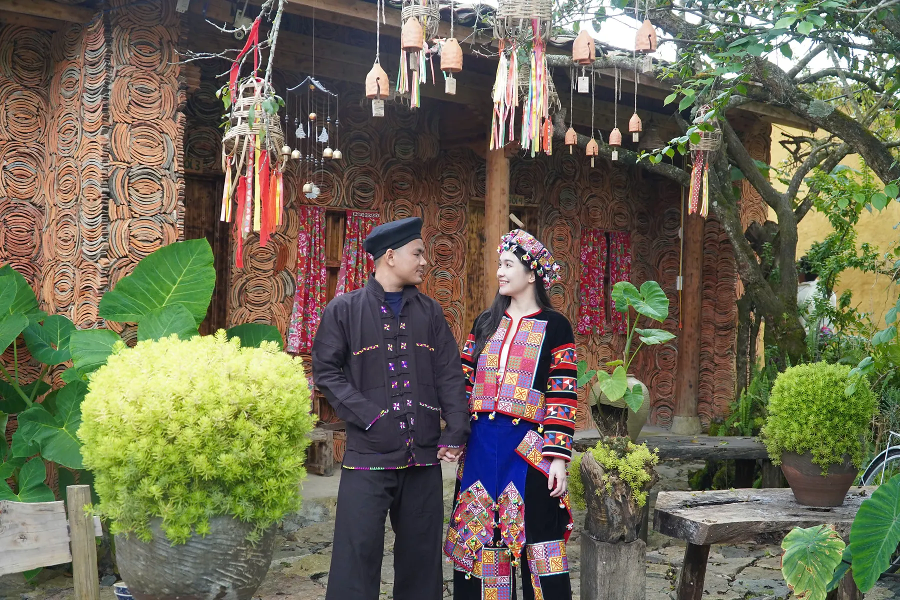 Traditional highland clothing and cultural setting in Bac Ha